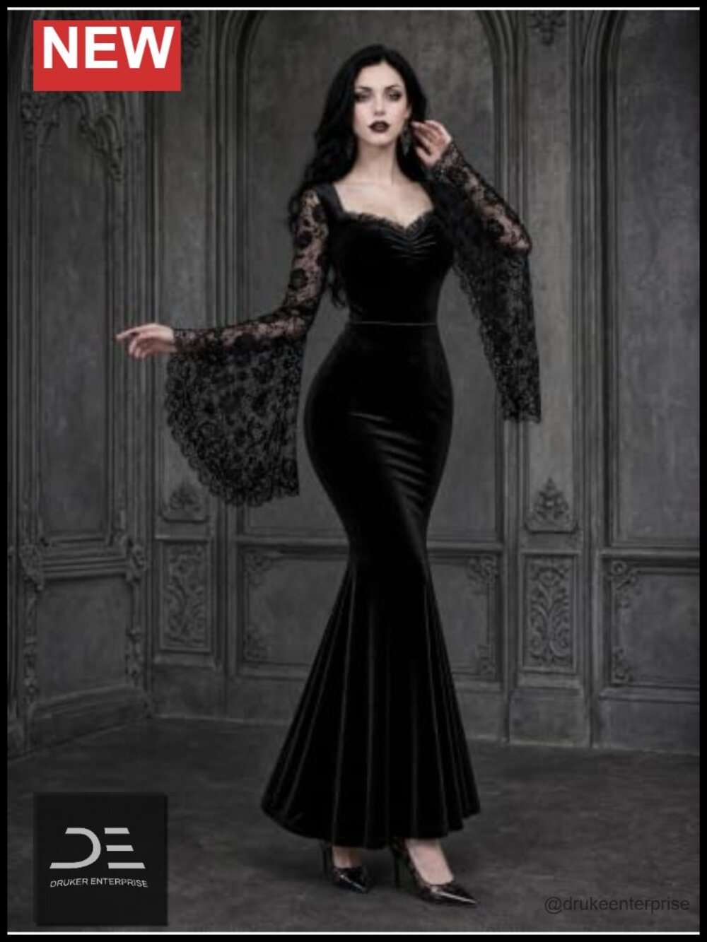Velvet Mermaid Goth Dress Lace Bell Sleeve V-Neck Long Sleeve Maxi Cosplay Party - Picture 2 of 6